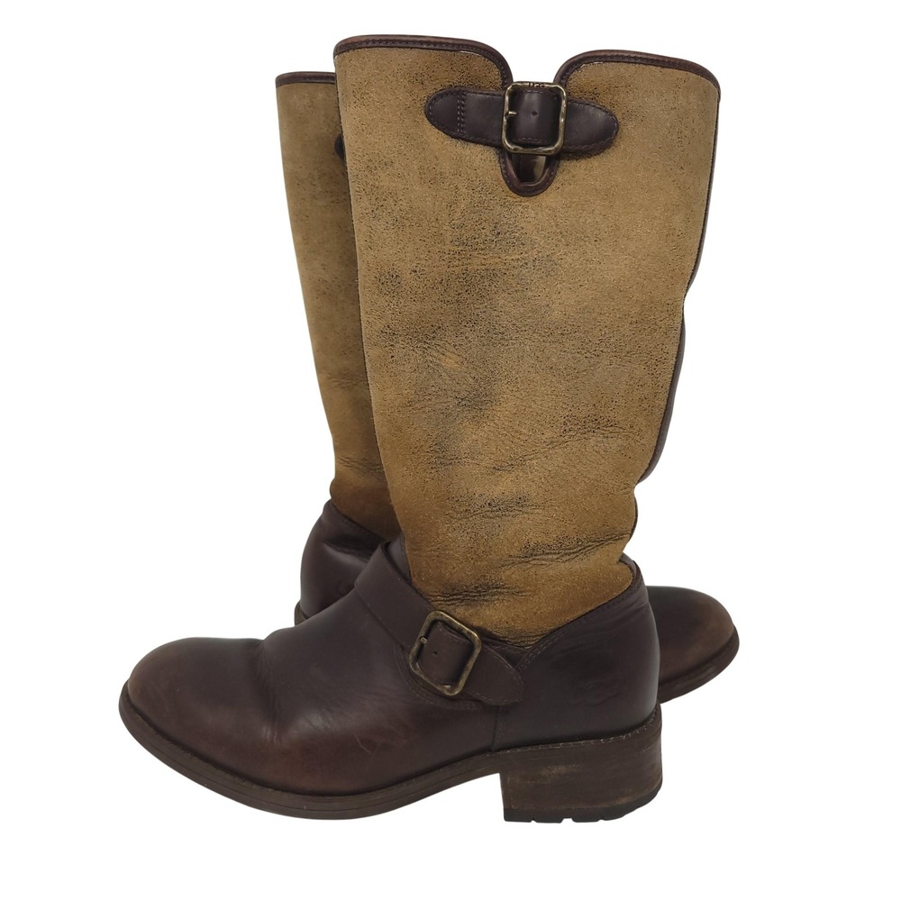 UGG‎ Boots Womens Size 8 Brown Leather Shearling Lined Moto Buckle 1006679